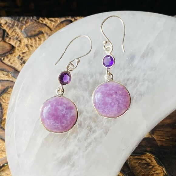 Purple Lepidolite & Amethyst Sterling Earrings - Picture 7 of 7